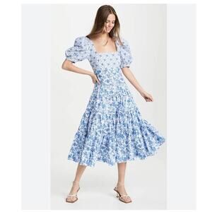 Caroline Constas Blue & White Floral Puff-Sleeve Midi Dress